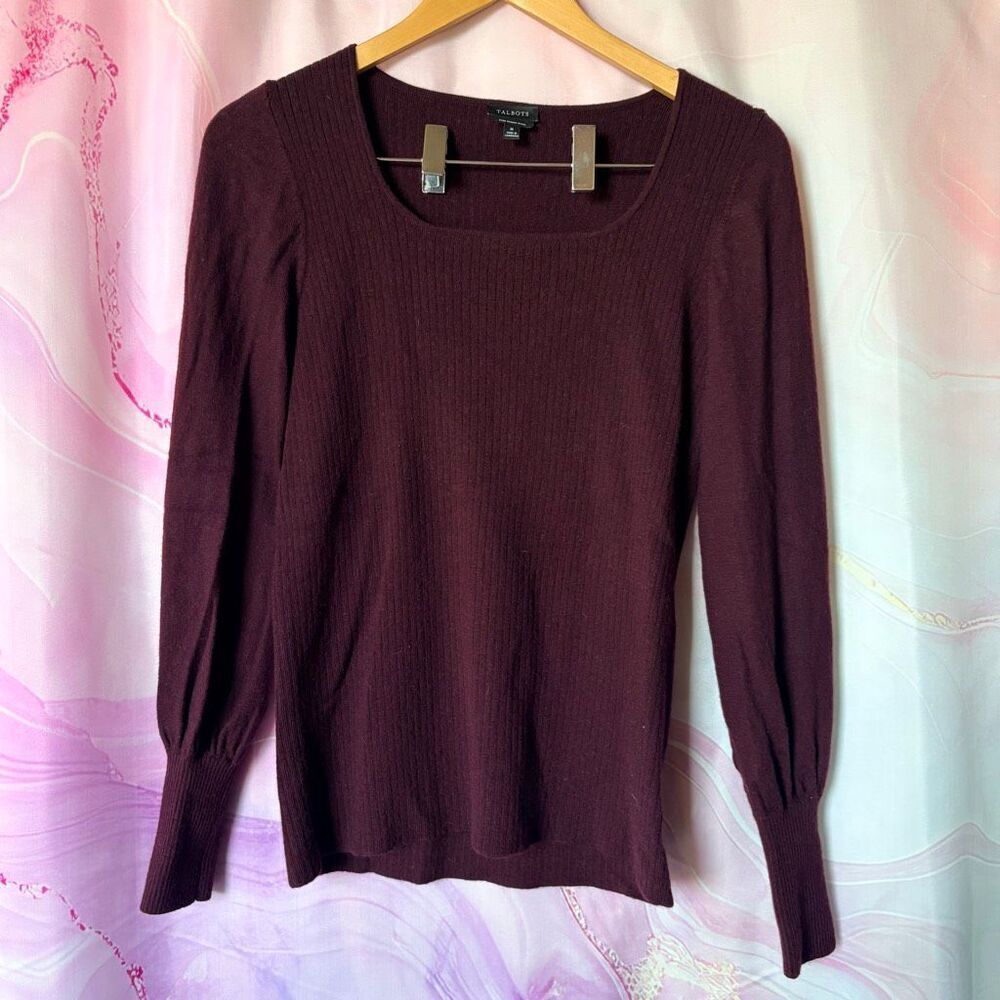 Talbots M Merino Wool Sweater Plum Wine Square Neck Preppy Romantic Professional